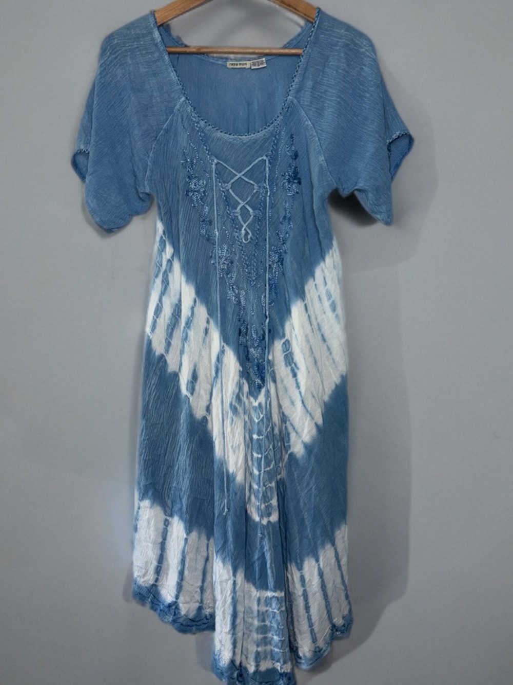 Raya Sun Blue Tie Dye Boho Embroidered Lace Up Midi Dress Lace Up Front Size M